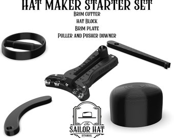 Hat Makers Starter Set, includes : pusher downer - puller downer - Brim Cutter - Hat Block - Brim Plate and more