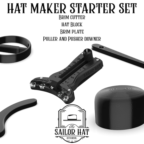 Hat Makers Starter Set, includes : pusher downer - puller downer - Brim Cutter - Hat Block - Brim Plate and more