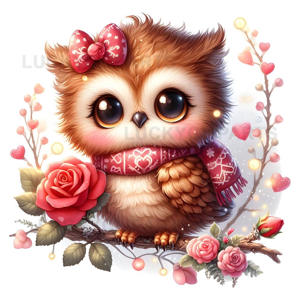 Valentine’s Owl Clipart, Cute Love Owl with Hearts and Flowers, Romantic Owl PNG, Valentine Bi