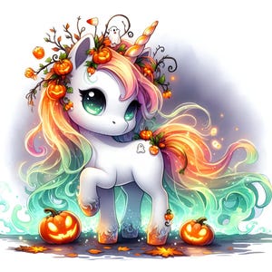 Op de afbeelding: Een grillige illustratie van een witte eenhoorn met een Halloween-thema. De eenhoorn heeft een regenboogmanen en -staart, versierd met pompoenen en herfstbladeren. Twee uitgesneden pompoenen staan aan de basis, wat een feestelijke en kleurrijke scène creëert.
