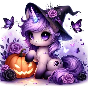 May include: A whimsical illustration of a unicorn wearing a witch hat, surrounded by purple roses and butterflies. A carved pumpkin sits beside the unicorn. The unicorn has a purple mane and tail, and a blue and white horn. The overall theme is Halloween.