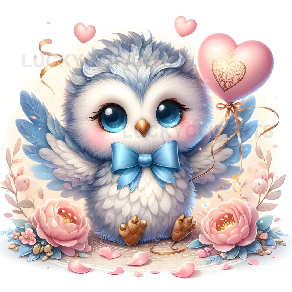 Valentine’s Blue Owl Clipart, Cute Love Owl with Hearts and Flowers, Romantic Blue Bird PNG, V