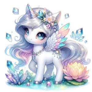 Crystal Guardians Unicorn Clipart | Pastel Kawaii Unicorns with Gems and Crystals | Cute Magical Art for Stickers, Sublimation and Crafts
