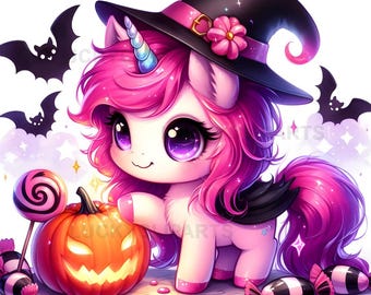 ハロウィンピンクのユニコーンクリップアートセット10枚JPEG、パステルカラーの可愛い魔女風ユニコーンデジタルアート、不気味で可愛いハロウィングラフィック、ジャンクジャーナルパーティー