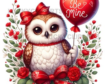 Clipart di gufi di San Valentino / Palloncini a forma di cuore e rose JPEG / Adesivi di San Valentino con uccellini innamorati / Arte romantica ad acquerello, diario di spazzatura, biglietti adesivi