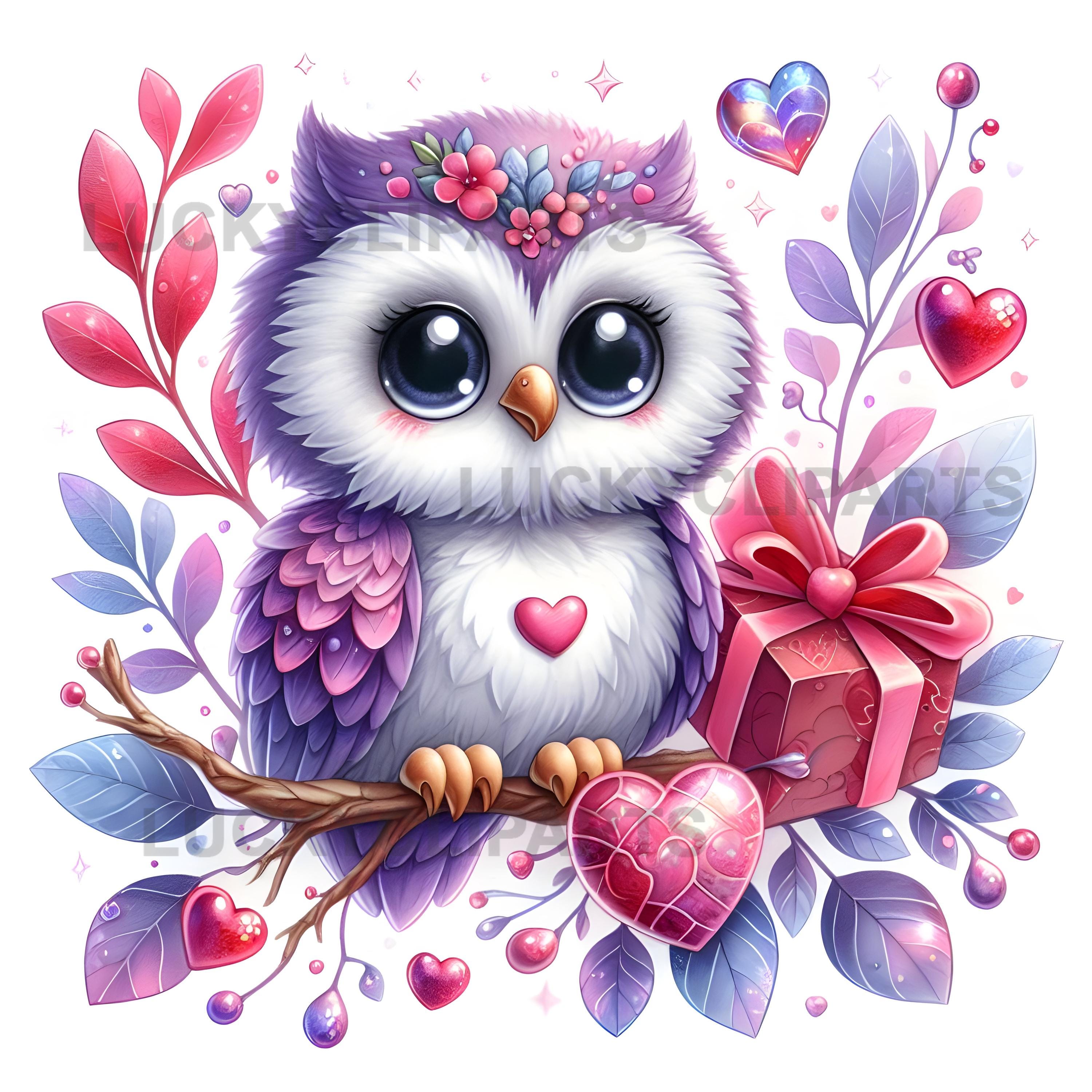 Purple Valentine Owl Clipart | Cute Bird JPEG Bundle | Kawaii with Hearts & Flowers | Pastel Sti