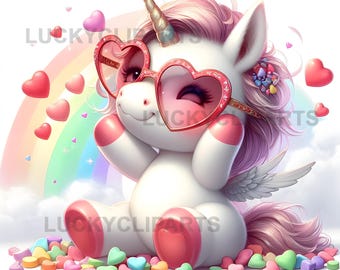 White Unicorn Valentine Clipart Bundle, Cute Love Unicorn JPEG, Heart Roses Gift Box Fantasy Animal Art, Valentine Stickers & Crafts