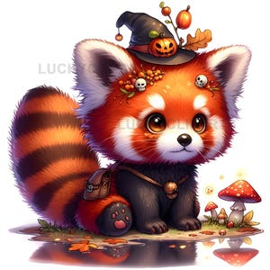 Red Panda Halloween Clipart, Cute Fall Red Panda Art, Autumn Pumpkin Animal Illustration JPEG