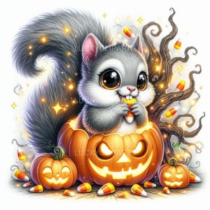 May include: A digital illustration of a cute gray squirrel inside a carved orange pumpkin, eating candy corn. The squirrel has large eyes and a fluffy tail. Additional pumpkins and candy corn are scattered around the base. The image has a Halloween theme.