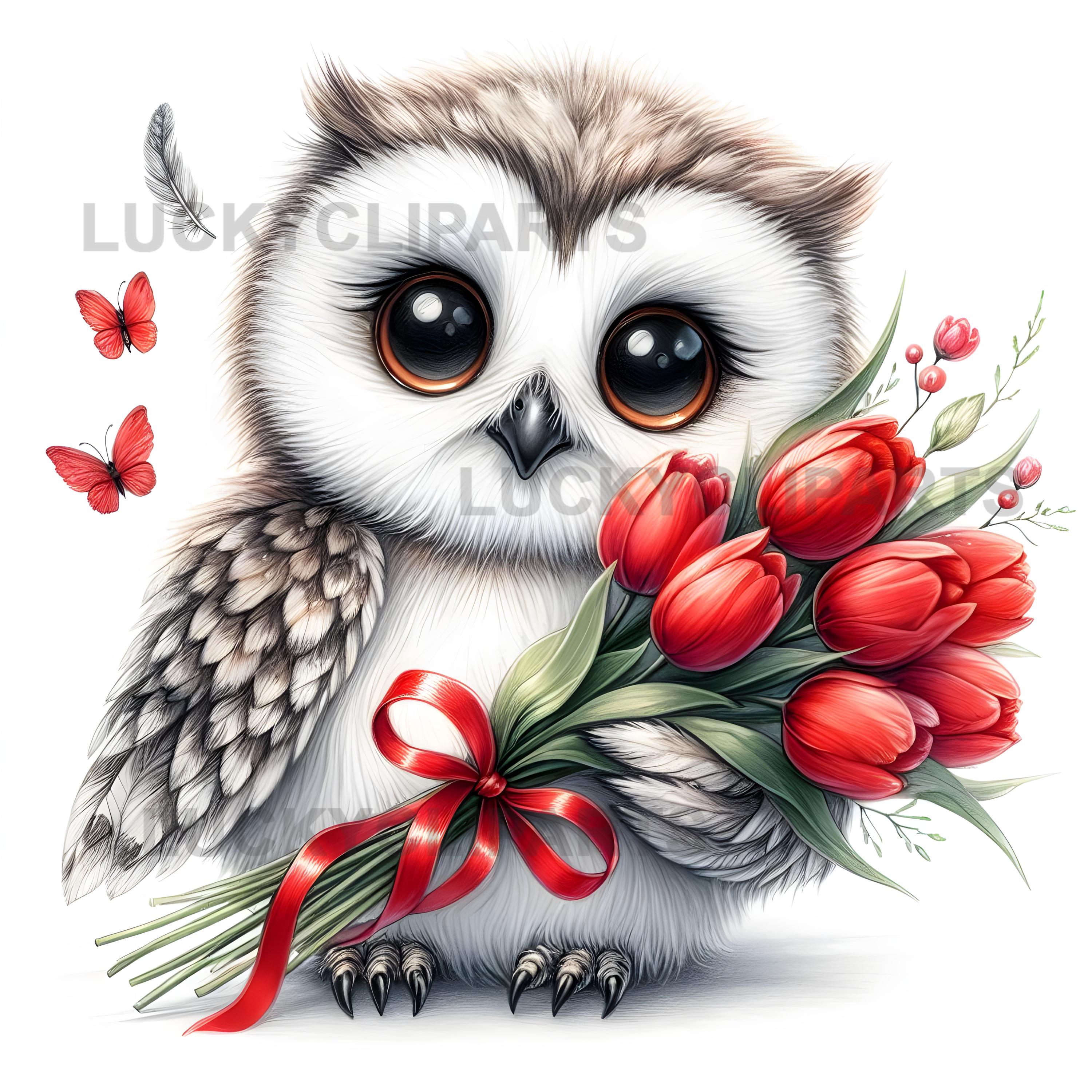 Owl Watercolor Clipart, Cute Floral Owl 10 JPEG Bundle, Spring Flower Animal Illustration, Sublimati