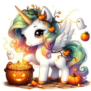 May include: A whimsical illustration of a white unicorn with a rainbow mane and tail, adorned with pumpkins and fall foliage. A jack-o'-lantern basket overflows with candy corn. Two friendly ghosts and pumpkins complete the Halloween theme.