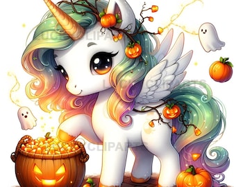 かわいいハロウィンユニコーンのクリップアート、パンプキンパッチスピリット、かわいいベビーユニコーンアート、ちびファンタジー秋のデジタルダウンロード