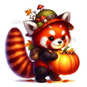 Baby Red Panda Halloween Clipart, Cute Autumn Red Panda Art, Fall Pumpkin Animal Illustration JPEG