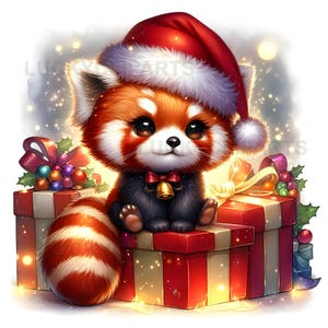 May include: A cute cartoon red panda wearing a Santa hat and sitting on a stack of wrapped gifts. The red panda has a fluffy red and white striped tail and a small bell around its neck. The gifts are red with gold accents.