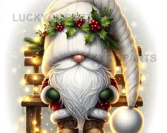 May include: A whimsical Christmas gnome illustration. The gnome wears a white knit hat, a red and black plaid coat, and brown boots. A holly wreath with red berries adorns the hat. The gnome sits on a wooden bench decorated with string lights.