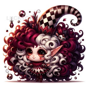 May include: A whimsical illustration of a cartoon elf with large eyes and a playful expression. The elf has a large, curly hairstyle in shades of white, burgundy, and black. The elf wears a checkered hat and a matching outfit. Decorative elements include small hanging ornaments.