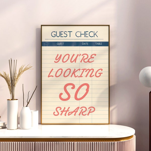 You're Looking So Sharp Guest Check Print, Trendy Wall Art Prints, Pink Preppy Dorm Decor, Guest Check Wall Art, Digital Download Art