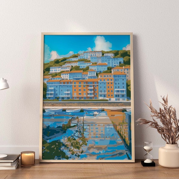 Sea Landscape Painting, Beach Wall Decor, Ocean Town Painting, Boho Living Room Art, Water Small Town Poster, Seaside Home Decor