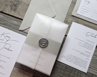 Grey Classic, elegant, simple wedding invitation with information card and rsvp. Matching Envelopes, belly band vellum wrap wax seal