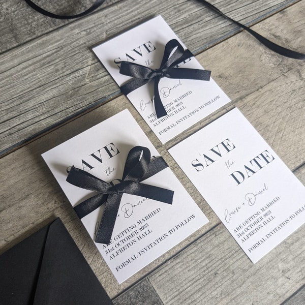 Monochrome Save the Date, Black ribbon Invitation, Wedding Stationery, Wedding Save the date, Black Ribbon Classic Simple Invite