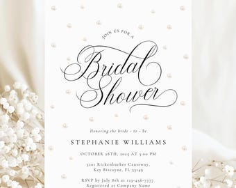 Bearbeitbare Perlen Brautdusche Einladung Elegante Perlen und Prosecco Laden Vorlage Klassische Minimalistische Brautdusche Digitaler Download ein