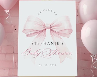 Rosa Schleife-Baby-Dusche-Zeichen Vorlage Mädchen-Baby-Dusche Canva Willkommensschild Rosa kokett Baby Shower Zeichen Digitaler Download