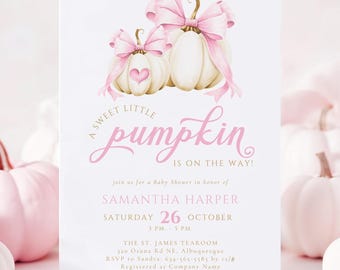 Pumpkin Baby Shower Invitation, Pink Bow, Girl (Canva Template)
