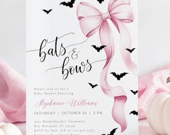 May include: A baby shower invitation with a white background, featuring a pink bow and black bats. The text "bats & bows" is written in elegant script. Additional text includes the event details and RSVP information.