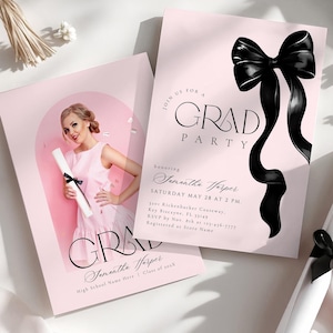 Graduation Party Invitation Black Bow Digital Graduation Announcement Template Pink Grad Party Invite Photo Class of 2025 Modern Graduate