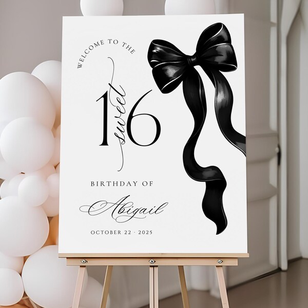 Elegant Sweet 16 Welcome Sign: Black Bow Party Decor (Canva Template Digital Download)