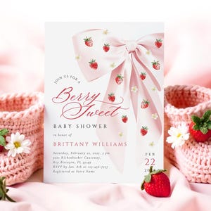 Berry Sweet Baby Shower Invitation Canva Template Strawberry Girl Baby Shower Invite Printable Pink Bow Pink Ribbon Strawberries Invitation