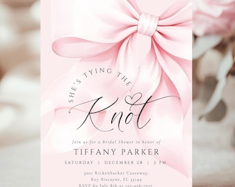 May include: A pink bridal shower invitation with a large, soft pink bow design. The text "She's Tying the Knot" is written in a delicate script, along with event details for Tiffany Parker's shower.