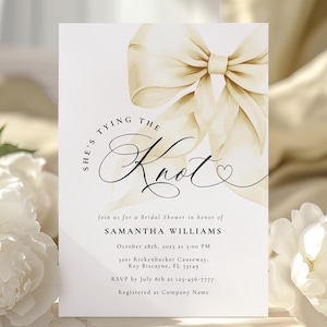 She&#39;s Tying the Knot Bridal Shower Invitation Template Gold Bow Bridal Shower Canva Template Chic Bow Bridal Invitation Instant Download