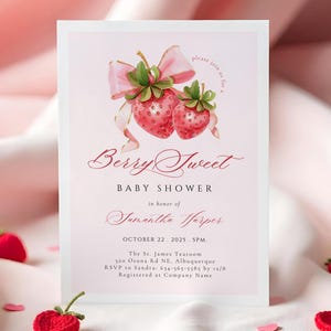 Berry Sweet Baby Shower Invitation Canva Template Pink Bow Strawberry Baby Shower Invite Printable Coquette Baby Shower Invitation