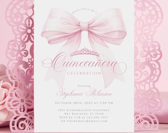 15. Geburtstag Quinceaūra Einladung Vorlage Bearbeitbare Rosa Schleife Einladen Druckbare Coquette Sweet 15 Quince Party Card