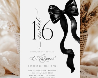 May include: A black and white invitation card with the text "sweet 16" and a large black bow. The invitation includes the name "Abigail", date, time, and location details. The design is elegant and suitable for a birthday celebration.