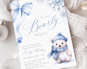 Polar Bear Baby Shower Invitation Boy, Winter Snowflake (Digital Download)
