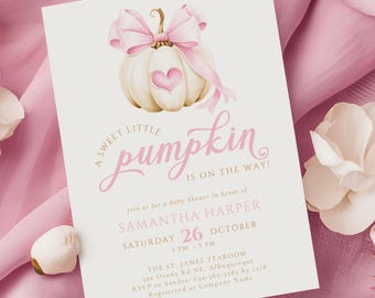 Little Pumpkin Girl Baby Shower Invitation, Pink Bow (Editable Canva Template)