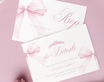 Conjunto de convites para festa de debutante com laço rosa, cartões de confirmação de presença e detalhes (editável no Canva)