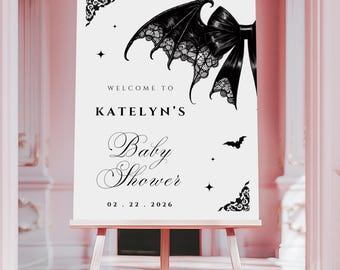 Gothic Baby Shower Welcome Sign Canva Template, Black Bat Wing Lace Bow Dark Coquette, Halloween Spooky Editable Instant Download Printable