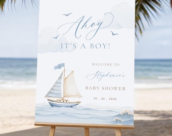 Welkomstbord voor een babyshower in nautische stijl, aquarel zeilboot, oceaan golven (bewerkbare sjabloon)