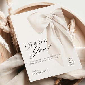 Bridal Shower Card Printable Template Watercolor Bow Trend Elegant Invitation Thank You Note Instant Download Canva Editable Digital White