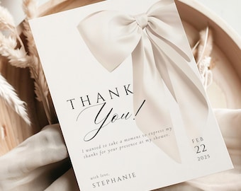 Bridal Shower Card Printable Template Watercolor Bow Trend Elegant Invitation Thank You Note Instant Download Canva Editable Digital White