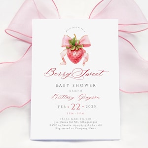 Berry Sweet Baby Shower Invitation Canva Template Pink Bow Strawberry Baby Shower Invite Printable Coquette Berry Baby Shower Invitation