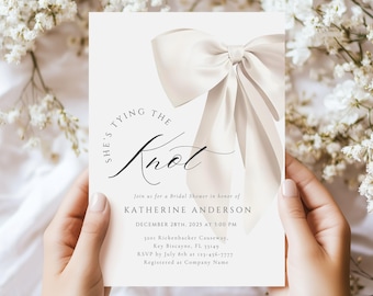 She's Tying the Knot Bridal Shower Invitation Template White Bow Bridal Shower Canva Template Cream Bow Bridal Invitation Instant Download