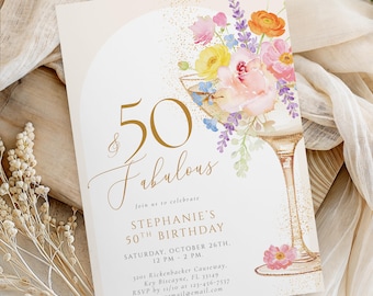 50th Birthday Invitation Template, Floral Champagne Canva Invite, Women's Fifty Birthday Party, Instant Download