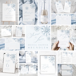 Könnte beinhalten: Eine Sammlung von hellblauen und weißen Brautparty-Papeterie mit Schneeflocken-Designs. Enthält ein Willkommensschild, Dankeskarten, Tischnummer, Ratschläge, Geschenkkarten und ein Champagnerflaschenetikett. Das Thema ist "Snow in Love".