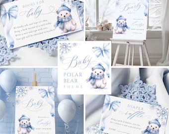 May include: A collection of baby shower stationery with a polar bear theme. The items include invitations, signs, and raffle cards, all in shades of blue and white. The text includes "Baby", "Bearly Wait!", and "Diaper Raffle".