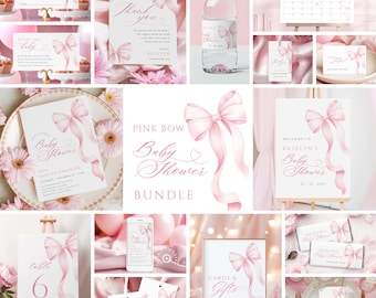Pink Bow Baby Shower Bundle Template Pink Ribbon Girl Baby Shower Canva Invitation Suite Pink Coquette Baby Shower Sign Digital Games