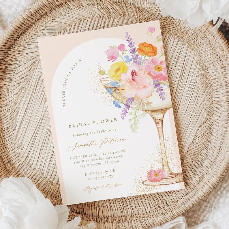 Bridal Shower Invitation: Champagne Glass Watercolor Floral Template ...